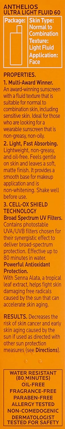 La Roche-Posay Anthelios Light Fluid Facial Sunscreen SPF 60, Lightweight Sunscreen For Face, Fluid Texture, Broad Spectrum SPF + Antioxidants, Oil Free & Oxybenzone Free, Travel Size 1.7 Fl. Oz.