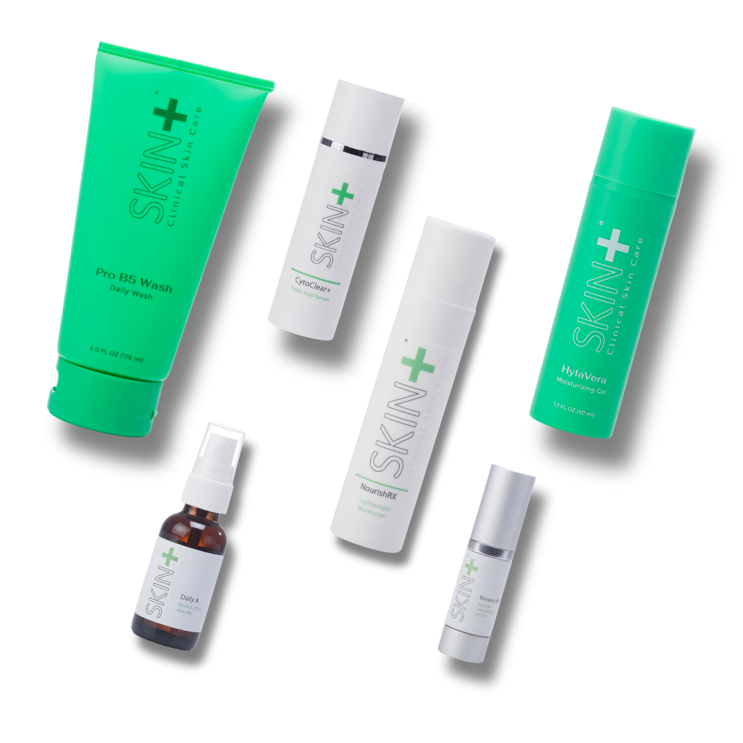 Collection of skincare products with 'SKIN+' branding on a white background