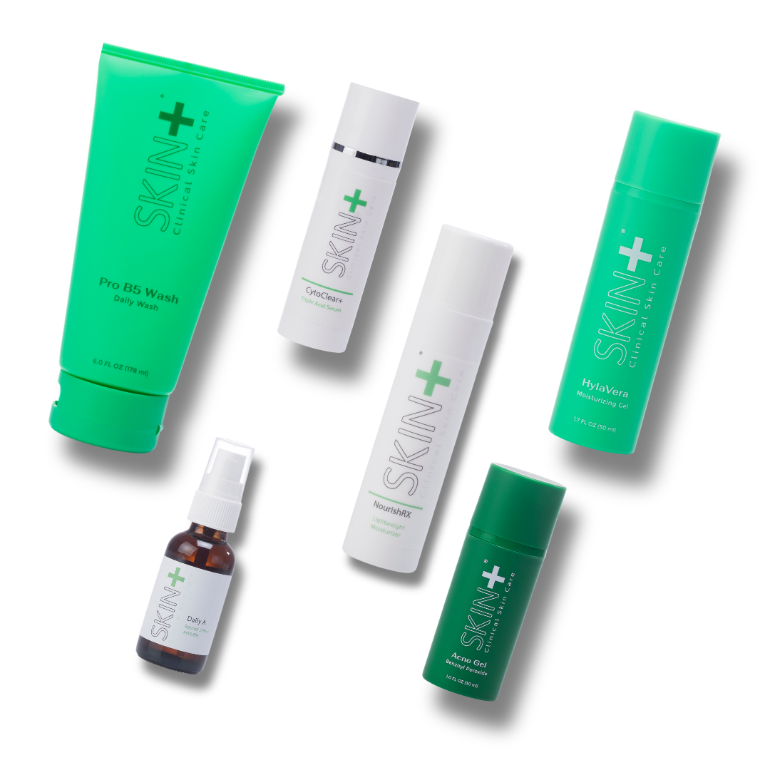 Collection of SKIN+ skincare products on a white background